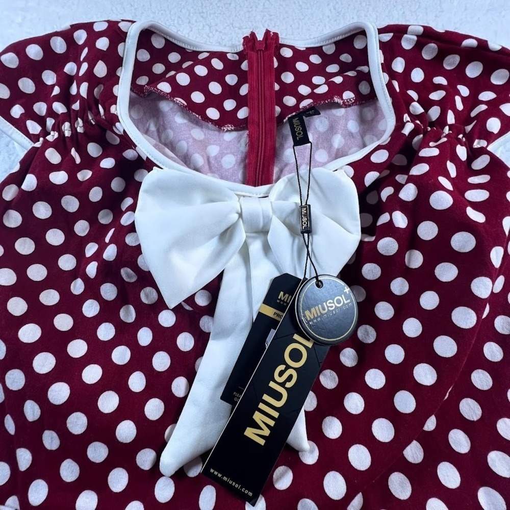 Red White Polka Dot Retro Pin Up Dress Fit Flare Bow Size Large NWT MIUSOL - Picture 8 of 11